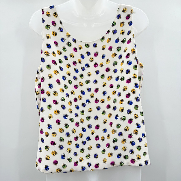 Ann May 100% Silk Ladybug Print Tank Shell Sz L White Multi Novelty Fun Colorful - Picture 2 of 9
